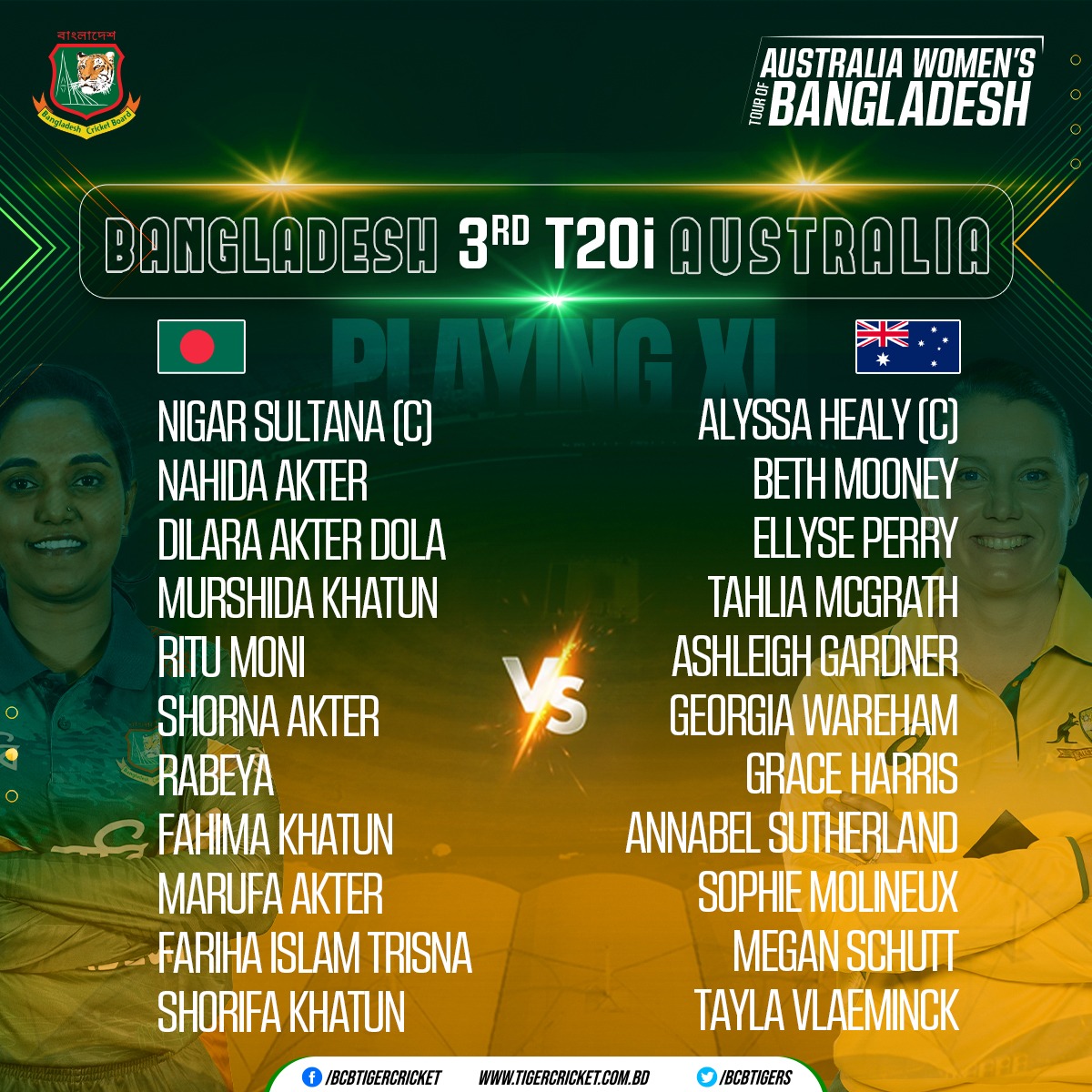 Australia Women’s Team Tour of Bangladesh 2024 Bangladesh vs Australia | Playing XI | 3rd T20i Live ▶: youtube.com/@bcbtigercrick… Details 👉: tigercricket.com.bd/live-score/aus… #BCB #Cricket #BANWvAUSW #LiveCrcket #HomeSeries #T20Iseries #womenscricket