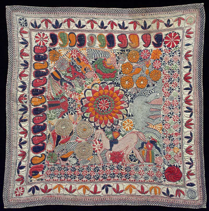 Kantha, one of the oldest embroidery forms originating from Bengal, often with narrative themes incorporating folklore #WomensArt