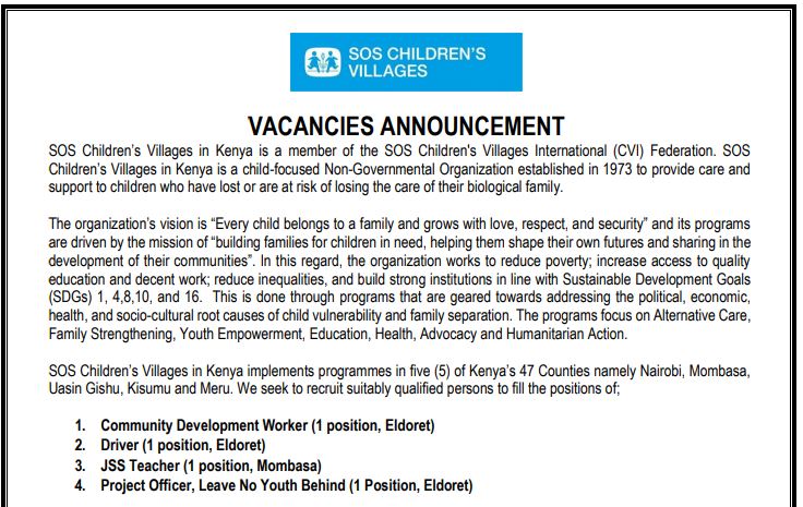 We're Hiring! Join SOS Children’s Villages in Kenya and be a part of our mission to provide loving homes for children in need. Positions available in Eldoret and Mombasa: LINK >drive.google.com/file/d/1dEiKVy… #job #jobsinkenya