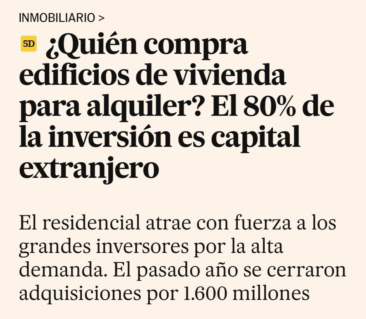 En 2023, el 80% de la inversión que se hizo en vivienda para alquilar en España es extranjera. El 44% de esas inversiones, además, las realizan fondos de inversión. Es una vergüenza y hay que frenarlo. No podemos permitir que sigan especulando con nuestros derechos más básicos.