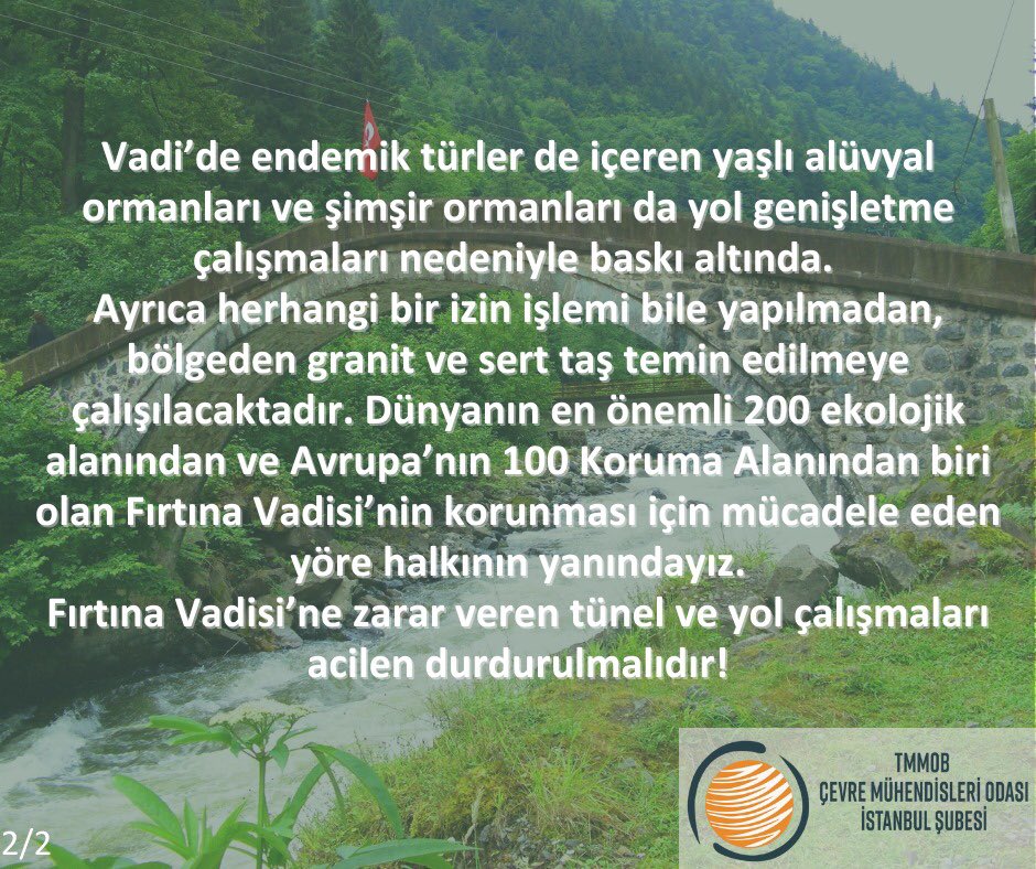 Dünyanın 200 önemli ekolojik ve Avrupa’nın 100 koruma alanından biri olan Fırtına Vadisi’nin koruma statüsü düşürülerek imara açılmasını kabul etmiyoruz!
#derelerözgüraksın #FırtınaVadisiYaşasın #FırtınaVadisi #FırtınaDeresi #cmoistanbul