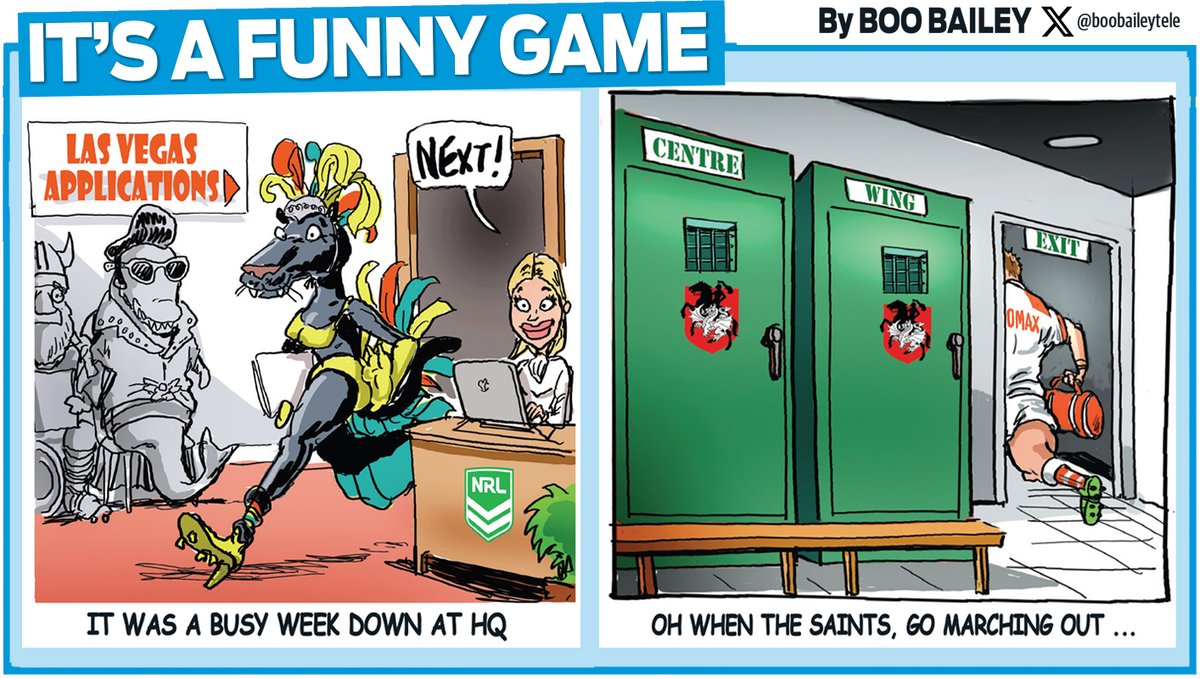 INS & OUTS As the queue for sin city grew, another one formed to sign a disgruntled dragon. A taste of this week's #nrl toons for @telegraph_sport sportcon with @MCarayannis and @brentread_7