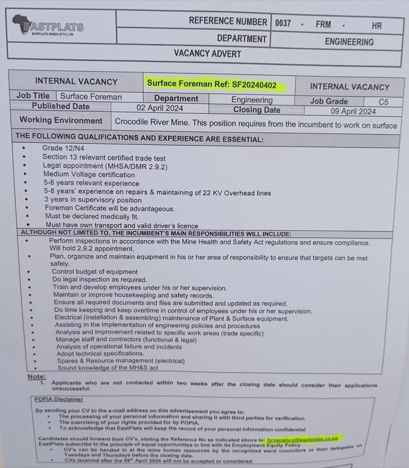 RMakukuli's tweet photo. Easplats

Internal Vacancies

Fitter
Ref: FT20240403

Boilermaker
Ref: BM20240403

Rigger Ropesman
Ref: RR20240403

Surface Foreman
Ref: SF20240402

TMM Foreman
Ref: TMM20240402

Electrical Assistant
Ref: EA20240403

Boilermaker Assistant
Ref: BA20240403 https://t.co/Zh1bUl2jTD