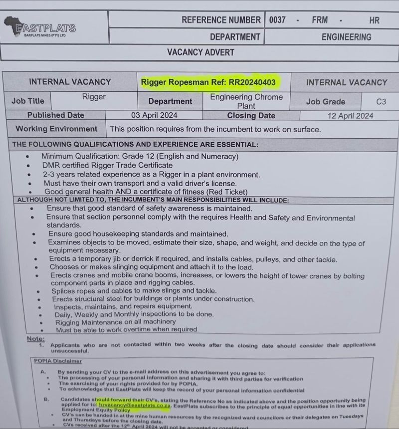 RMakukuli's tweet photo. Easplats

Internal Vacancies

Fitter
Ref: FT20240403

Boilermaker
Ref: BM20240403

Rigger Ropesman
Ref: RR20240403

Surface Foreman
Ref: SF20240402

TMM Foreman
Ref: TMM20240402

Electrical Assistant
Ref: EA20240403

Boilermaker Assistant
Ref: BA20240403 https://t.co/Zh1bUl2jTD