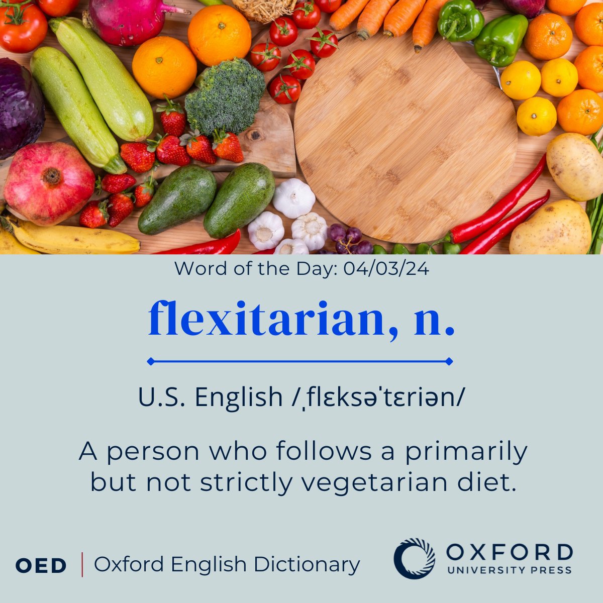 OED #WordOfTheDay: flexitarian, n. A person who follows a primarily but not strictly vegetarian diet.

View the OED entry: oxford.ly/4cq4PMy