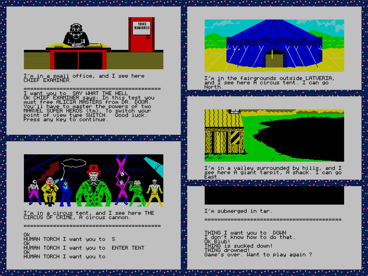 OldSchoolBooks1's tweet photo. Today's #retrogaming on the #ZXSpectrum #FantasticFour is one of those #Questprobe #textadventures. Highly illustrated and a challenge from the first screen. You can control two characters, kill one, and the game ends....as you can see! https://t.co/IdNZN2nClf