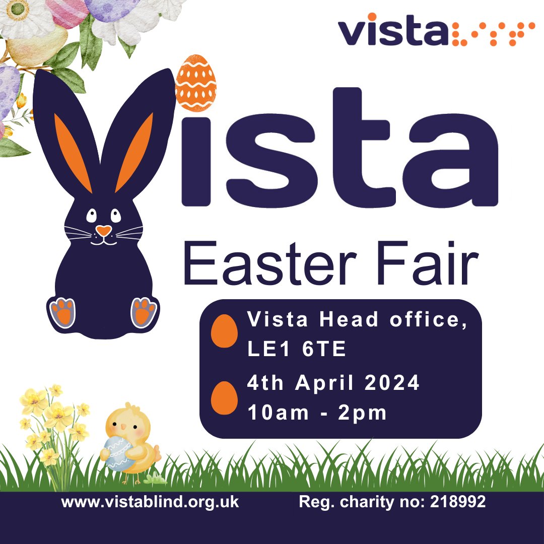 Join us today for our Easter Fair 10am - 2pm. You'll enjoy unique craft stalls and festive Easter activities. 3rd Floor, Provincial House, 37 New Walk, Leicester, LE1 6TE. Learn more on our website ow.ly/ZnrU50QMnm8 See you there! #Easter2024 #SightLossCharity