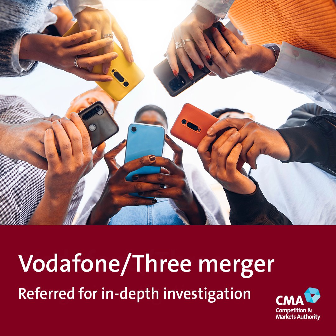 We’ve referred the proposed deal between Vodafone and Three for an in-depth investigation. Read more: gov.uk/cma-cases/voda… #MergerControl #CompetitionLaw