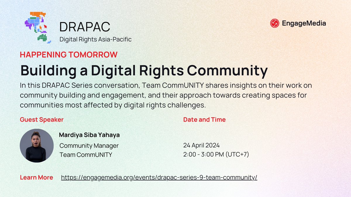 EngageMedia (@engagemedia) on Twitter photo HAPPENING TOMORROW: Hear from <a href="/TeamCommunity/">✨🌈 Home ✨🌈</a> as they discuss lessons in community building, and engaging with diverse communities of digital rights defenders.
Send your advance questions for tomorrow's conversation: engagemedia.org/events/drapac-… HAPPENING TOMORROW: Hear from <a href="/TeamCommunity/">✨🌈 Home ✨🌈</a> as they discuss lessons in community building, and engaging with diverse communities of digital rights defenders.
Send your advance questions for tomorrow's conversation: engagemedia.org/events/drapac-…