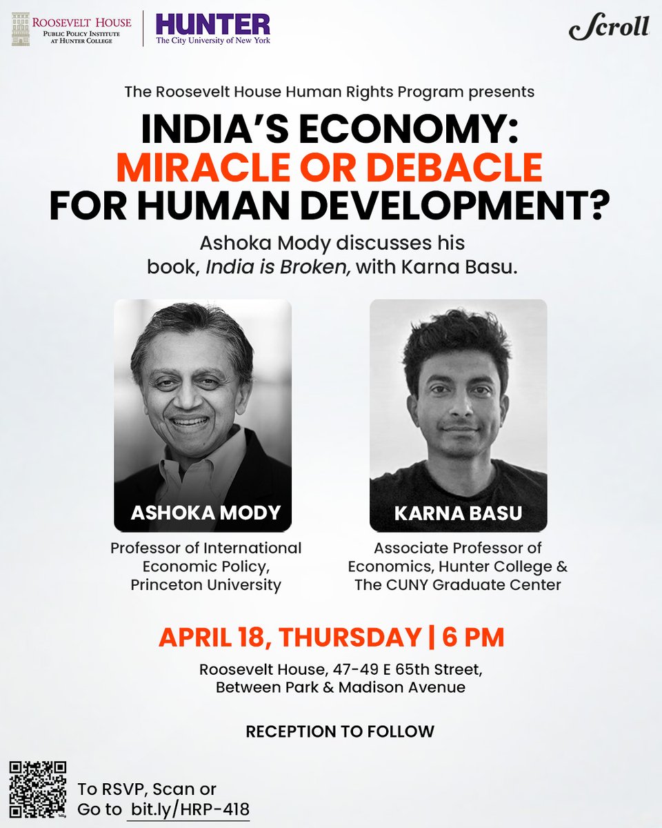 🚨 Scroll event in New York 🚨 India's economy: Miracle or debacle for human development? @AshokaMody in conversation with Karna Basu. RSVP here: docs.google.com/forms/d/e/1FAI…