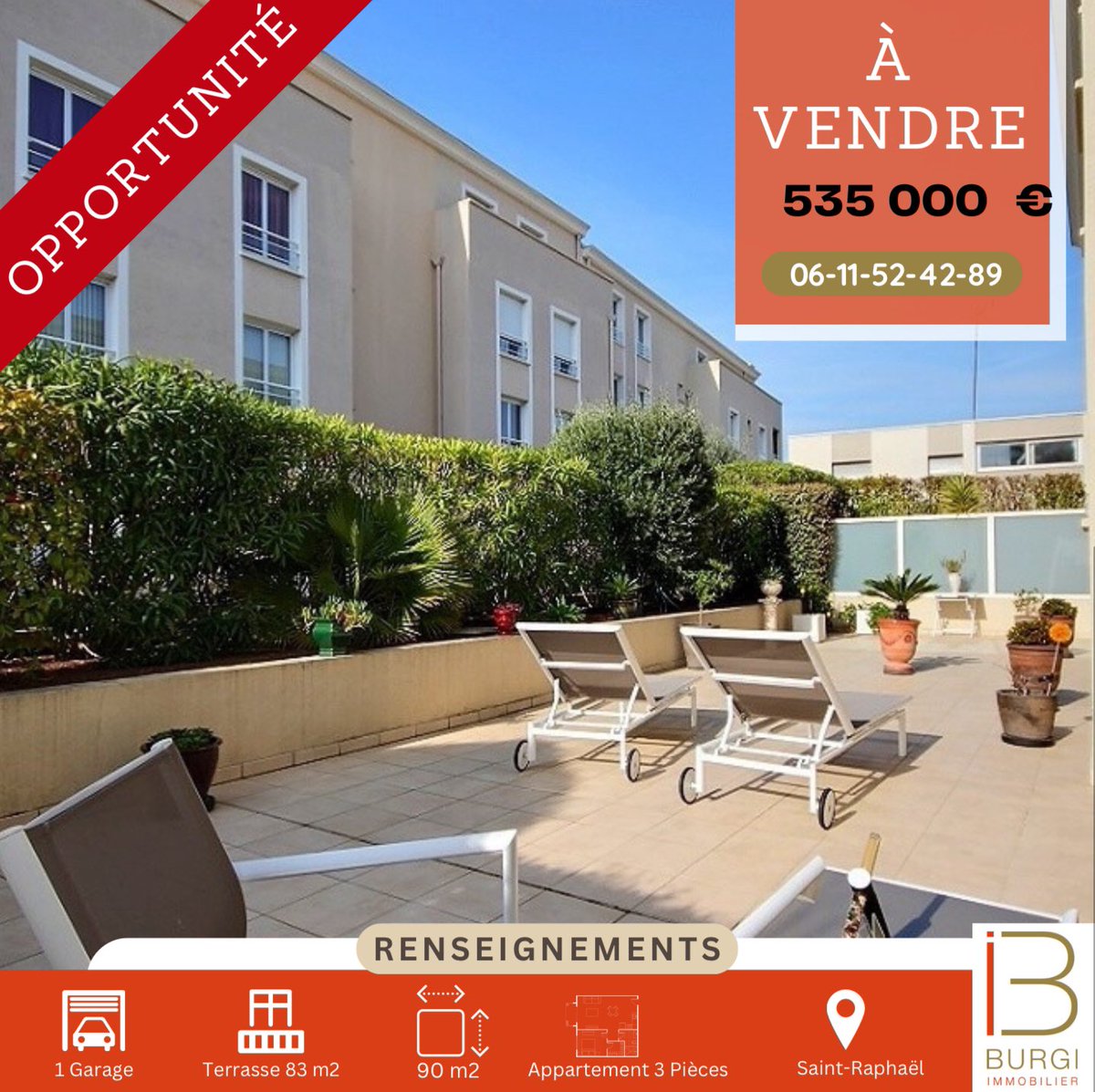 SAINT RAPHAEL CENTRE / LES PLAINES ➡️ Apt contemporain 3P offrant 90m² Loi Carrez ➡️ Terrasse de 83m² plein sud ➡️ Garage ➡️ Parfaitement au calme . . . #burgiimmobilier #mandatexclusif 3,90% #venteimmobiliere #achat #vente #frejus #saintraphael #immobilierdeprestige