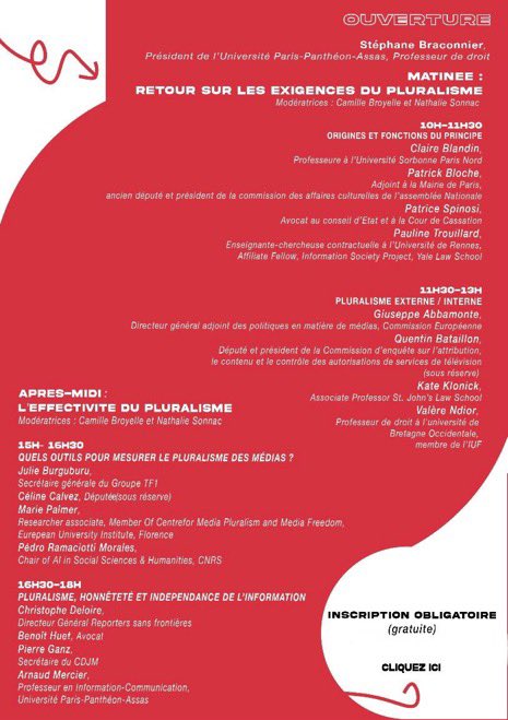 🗓️ Aujourd’hui. Avec @broyelle, on parle «Pluralisme des médias, Pluralisme dans les médias» à @AssasUniversite. Indispensable à nos démocraties ? Origines, fonctions ? Outils pour le mesurer ? Présents @TF1 universitaires @PaulineTrouilla, parlementaires @pbloche @qbataillon 👇