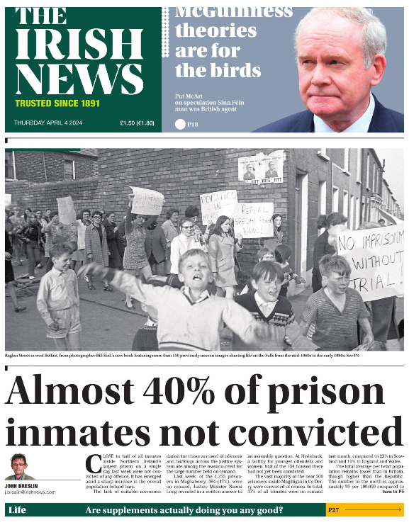 Good morning! Today's Front Page! Almost 40% of prison inmates not convicted