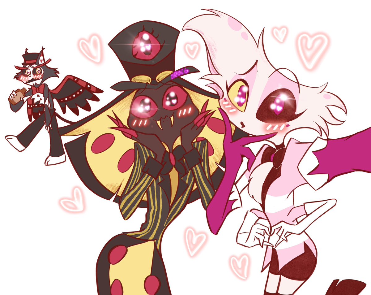 1ROi6's tweet image. 🤳✨
カメラのフィルターで遊ぶ🕷と🐍
＋
フィルター認識されちゃった通りすがりの🐈

#HazbinHotelFanart