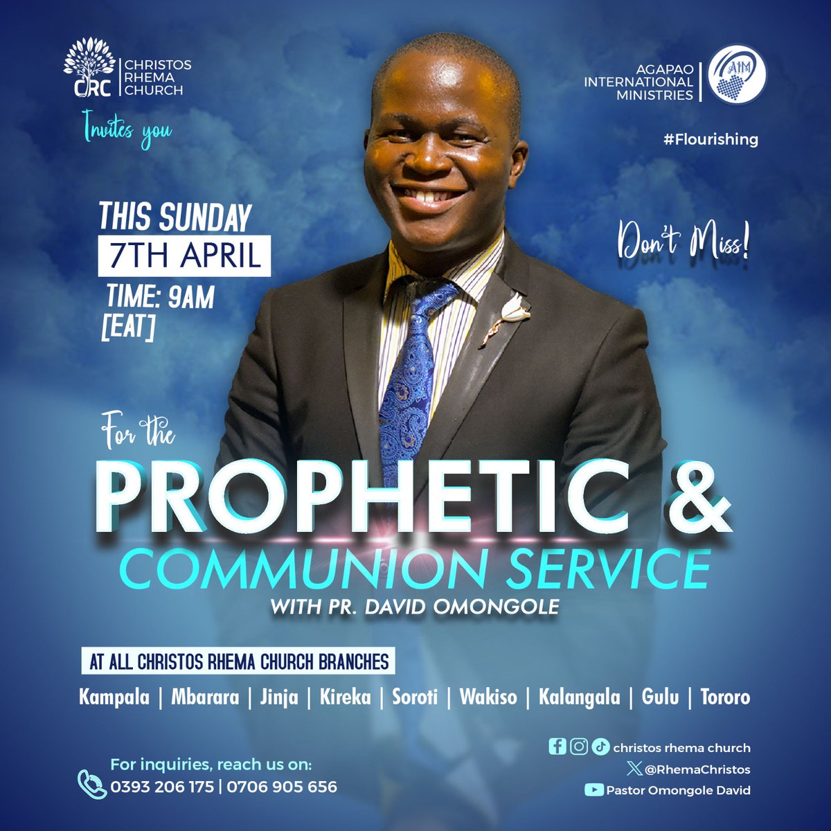 RhemaChristos's tweet photo. PROPHETIC &amp; COMMUNION SERVICE

Grace unto you wonderful saints 

You're gladly invited to join us for the APRIL 2024 P&amp;C service this Sunday. 

💒At all CRC locations (Participate from the one nearest to you) 

⏰9am (EAT) 

Come expectant &amp; remember to invite all your friends. https://t.co/poCZil0CLM