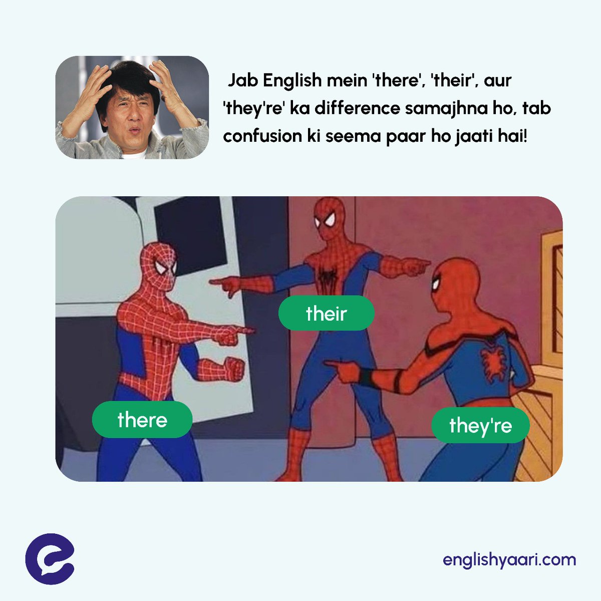 EnglishYaari's tweet photo. Are you also confused?🤦‍♂️

Their is the possessive pronoun, indicating ownership (e.g., Their house is on the corner).

There refers to a place (e.g., Go over there).

They're is the contraction of "they are" (e.g., They're coming to dinner).

#LearnEnglish