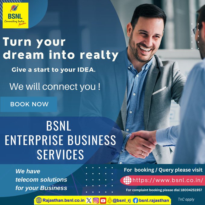 Turn your dream into reality, give a start to your IDEA. We will connect you !!! #BookNow #BSNLEnterpriseBusinesServices For more info/booking please visit ebportal.bsnl.in/WebUserSpace.j…… #BusinessSolutions #Entertainment #Banking #education #Manufacturing #ITSolutions