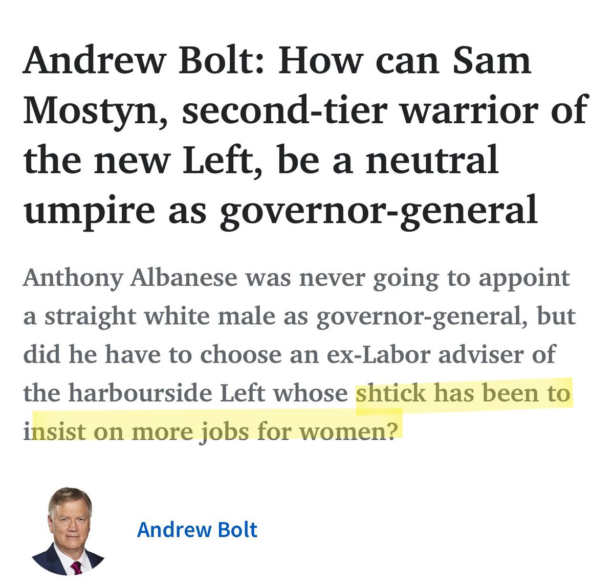 Andrew Bolt being Andrew Bolt, with his usual shtick of angry sexism. 🙄 #auspol #SamMostyn