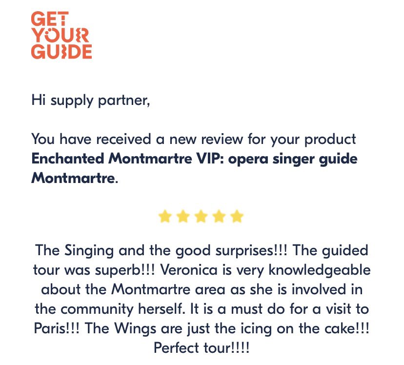 New review on @getyourguide  @getyourguidecommunity  about my VIP singing tour of Montmartre Enchanté⭐️⭐️⭐️⭐️⭐️. Thanx a lot !!! #review #montmartre #montmartreenchanté #veronicaantonelli #veronicamontmartre #sopranomontmartre #cantatrice #sacrecoeur #visitechantee #singingvisit