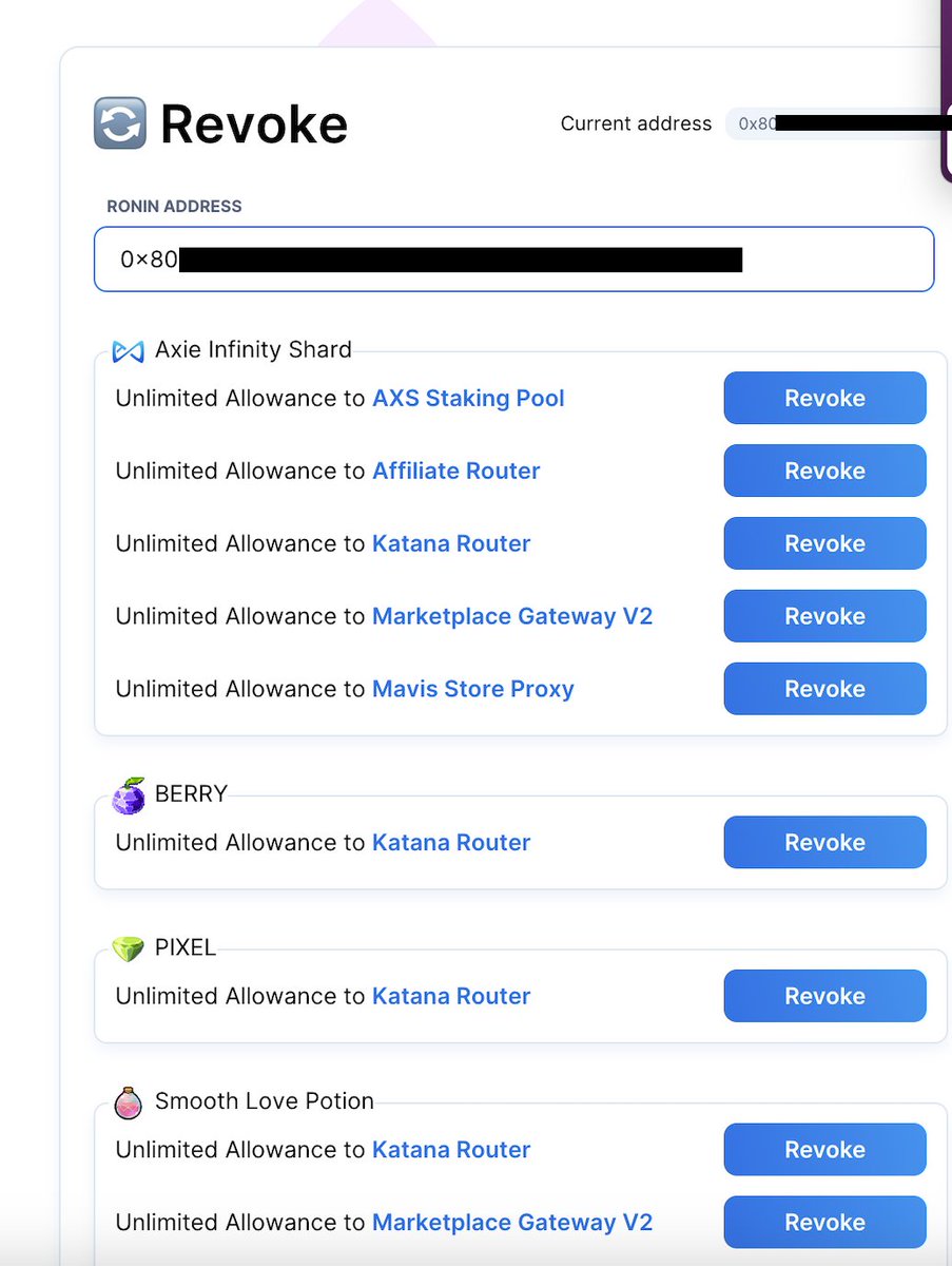 Ronin_Network's tweet photo. How to Revoke Contract Permissions in your Ronin Wallet

Stay safe with three easy steps 🛡️

• Visit https://t.co/xTQT2Lktxt
• Connect your Ronin Wallet
• Manage and revoke smart contract permissions

Here’s why it’s important to manage and revoke permissions in your Ronin Wallet 🧵👇

Many Web3 users can make mistakes when signing on-chain messages and transactions.

These mistakes can often result in loss of funds.

For example, a user might sign a malicious transaction. This can grant a bad actor permission to transfer the wallet’s funds to another address.

In that case, the user can protect themselves by revoking permission from the bad actor.

Here’s how you can do that:

Step 1: Visit https://t.co/xTQT2Lktxt

Step 2: Connect your Ronin Wallet

Step 3: Select “Revoke” if you'd like to remove permissions you’ve granted in the past.

We encourage all Ronin Wallet users to check out the permissions they’ve granted right now.

While @SkyMavisHQ has vetted current Ronin smart contracts, the Ronin Wallet also works on Ethereum where almost anyone can deploy a smart contract.

That means you may have granted permissions to smart contracts that expose you to potential risk.

Stay tuned for more blockchain security tips ⚔️