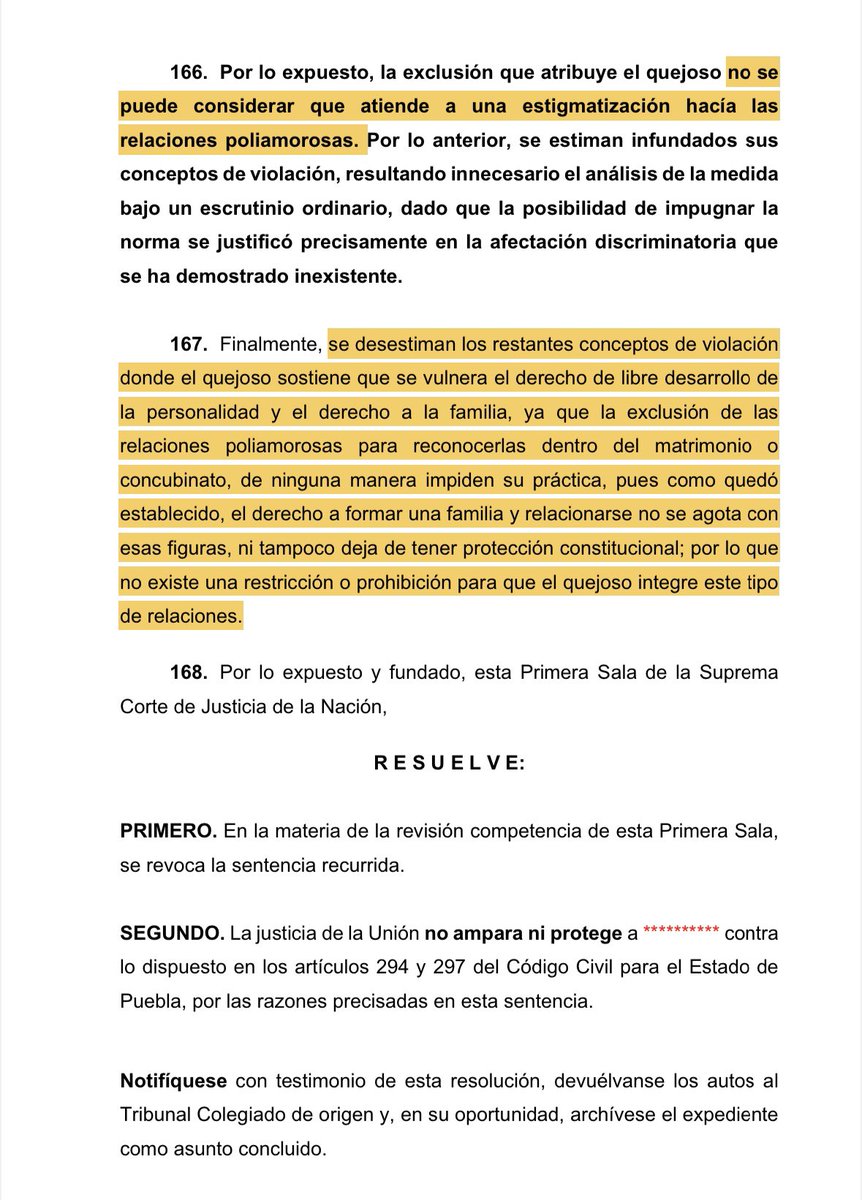 ¿Las relaciones poliamorosas deben ser reconocidas y protegidas en la Constitución como el matrimonio y el concubinato? 
‼️Hoy la Suprema Corte mexicana resolvió que no es aplicable incluir el poliamor dentro del matrimonio o el concubinato como pretendía una persona en Puebla,