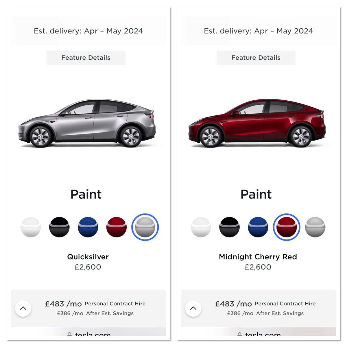 New colours available on Model Y in UK. Still Shanghai apparently, not from Berlin factory. Not for Model 3. What do you think?