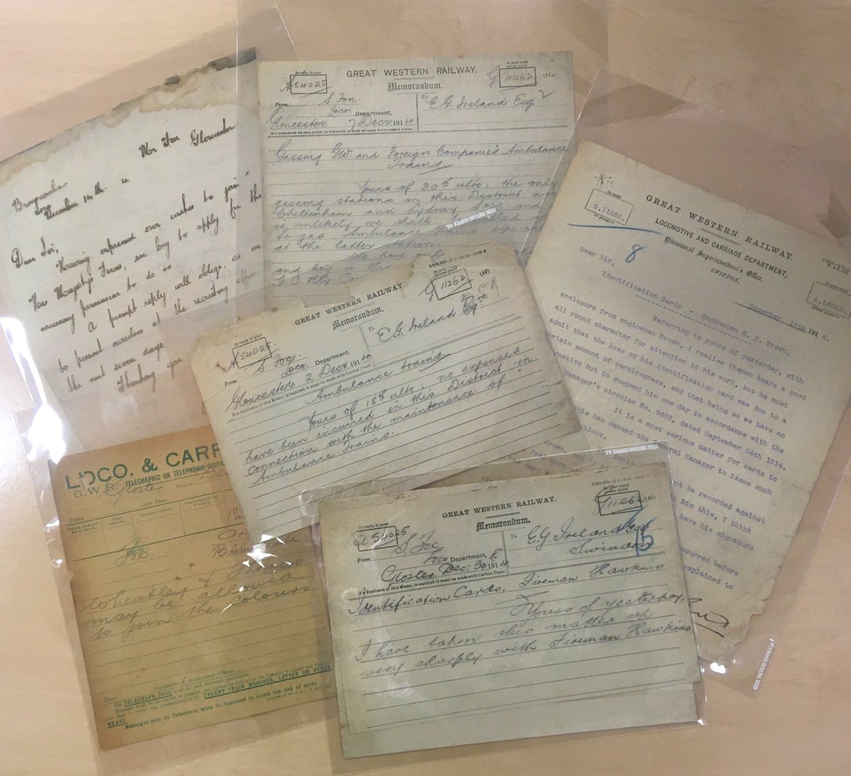 This World War I correspondence from the GWR Works gives us an insight into a #TypicalDay there in December 1914 – covering requests for permission to leave to sign up, updates on maintenance for the Ambulance trains and incidents of lost identity cards by workers #Archive30