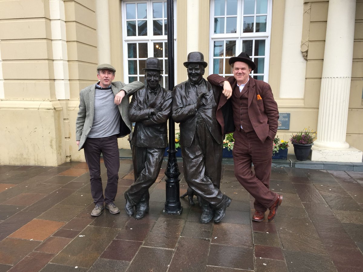 Steve Coogan & John C. Reilly during rehearsal stage of @Stan_And_Ollie outside the Laurel & Hardy museum in Lake District. 🥂