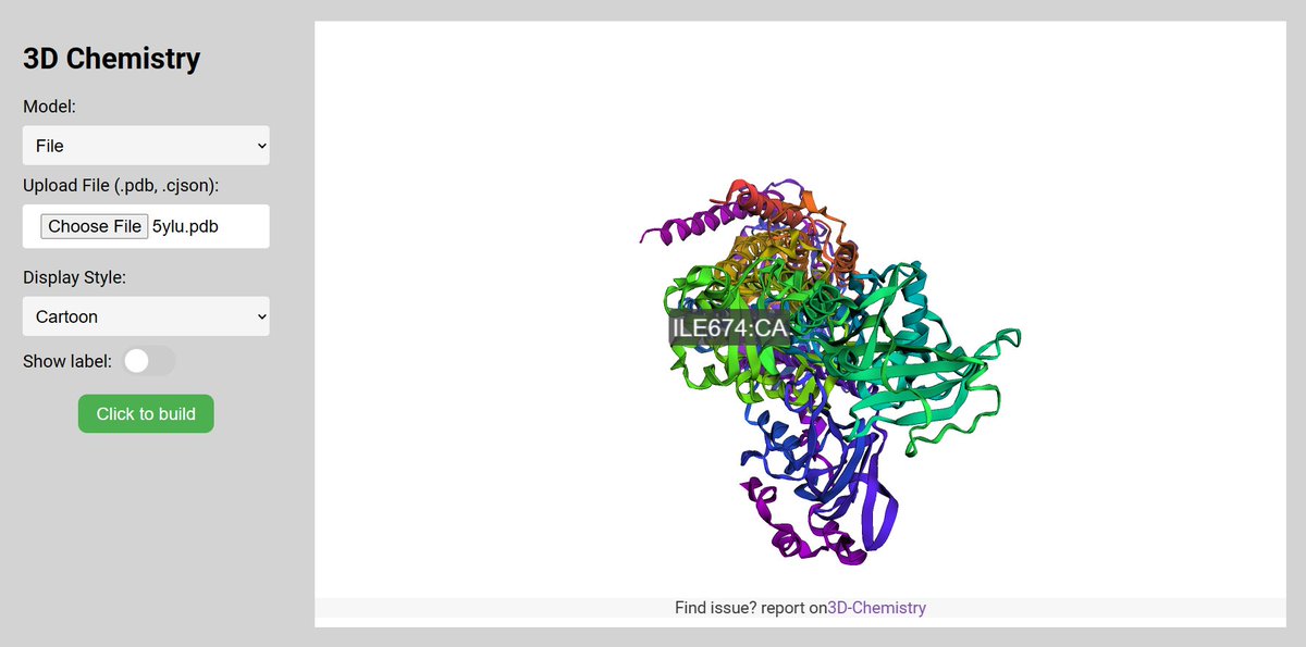 helloVidit's tweet photo. Build a molecule in 3d sequence in pdb, cif, cid,smiles, mmtf).

> loads and render any pdb, cjson file with structure.
> can annotate &amp; label the of structure in 3d using label.

Technology Used: 
> javascript
> 3dmol.js https://t.co/gbAyg1BI9P