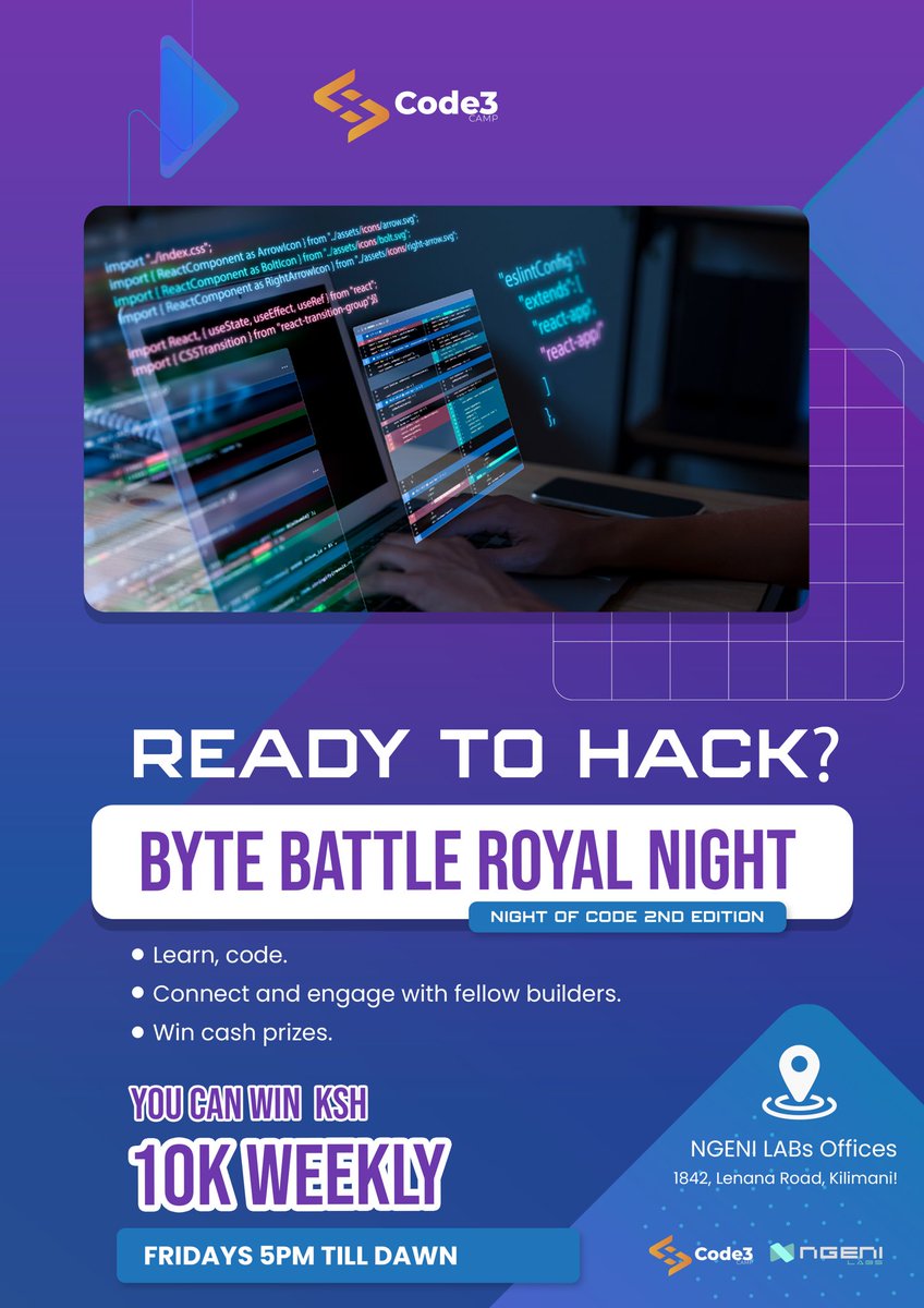 code3campUG's tweet photo. Woo-hoo devs!π
Join us this Friday for the second edition of our coding magic night! π
From 5 PM till dawn, it's all about creativity and collaboration.
See you there! π«΅
#NightOfCoding #Web3 #AI https://t.co/or1AQSxEMX