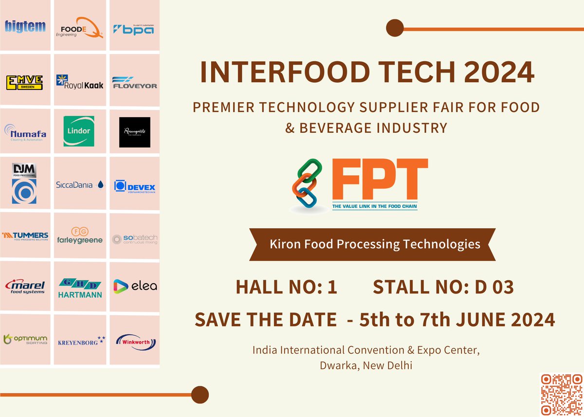 Let's connect at Inter FoodTech 2024! The Kiron Food Processing Technologies team and its Principals will be in Hall 1, Stall D 03.

For More Information check here: fptindia.com/news-events

#InterFoodTech2024 #FoodProcessingMachinery #Exhibition #Foodindustry