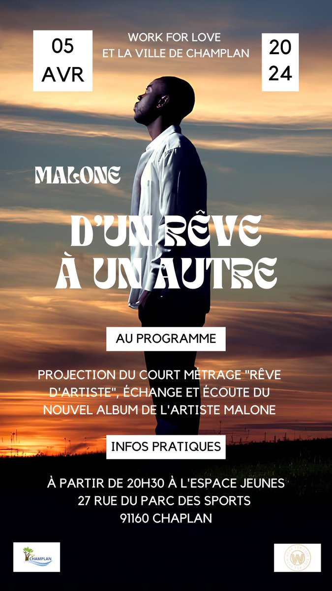 RDV ce vendredi à l'Espace Jeunes de Champlan pour la projection de notre court métrage et une session d'écoute de notre album ! facebook.com/share/kF8mjYTo… #workforlove #dreamcomestrue