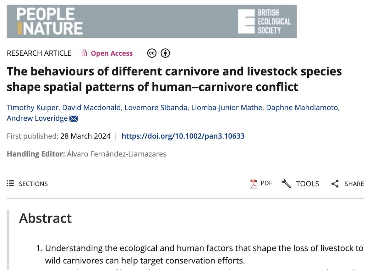 Happy to share our new paper on how patterns of human-carnivore conflict vary by carnivore species and livestock species (alongside Hwange NP, Zimbabwe) Read here: besjournals.onlinelibrary.wiley.com/doi/10.1002/pa…