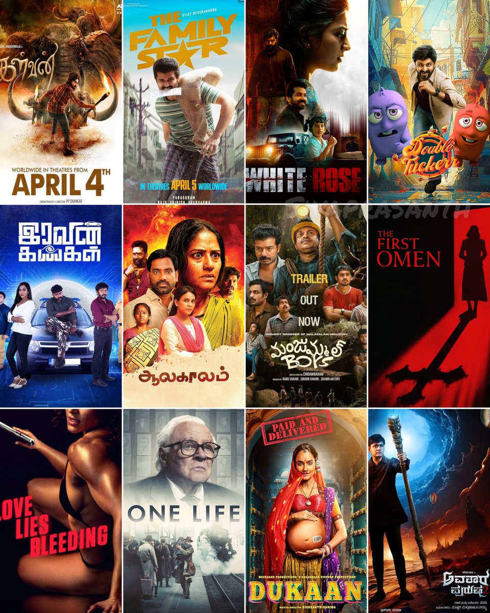 Sivaprasanth5's tweet photo. This week releases in Theatres 🍿
(1/2)
Tamil
#Kalvan
#DoubleTuckerr
#WhiteRose
#Aalakaalam
#IravinKangal
#OruThavaruSeidhal
Telugu
#TheFamilyStar
#ManjummelBoys
#Bharathanatyam
#Bahumukham
#ProjectZ
English
#TheFirstOmen
#LoveLiesBleeding
#OneLife
#TheDefectiveDetectives https://t.co/Vhu3ZHipP2