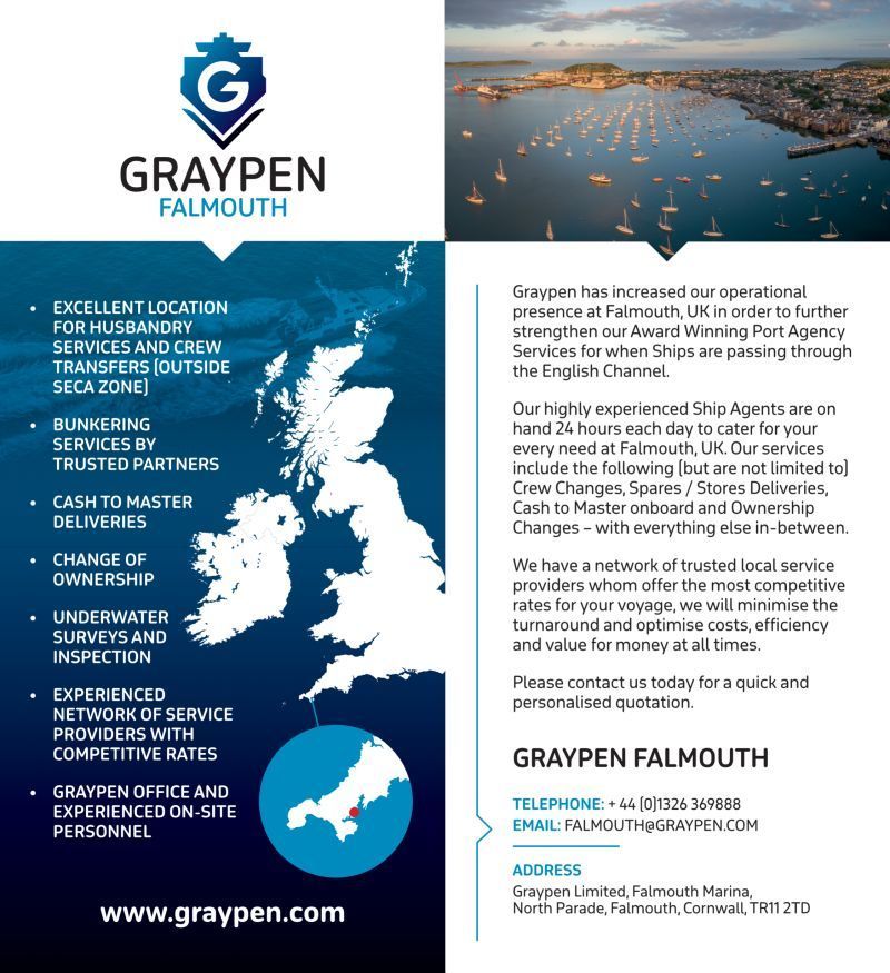We have recently expanded our UK office coverage with the opening of our new Falmouth Office.

The office is perfectly located in Falmouth Marina and our team of Agents are on hand 24/7 to assist with all your needs
 
#Graypen #Falmouth #Shipping #Portagency #Husbandry