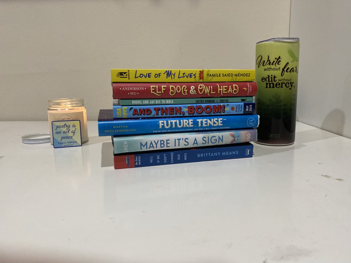 This was fun and so are these books. Love Of My Lives, Elf Dog & Owl Head, Nikhil and Jay Off to India. And Then, Boom! Future Tense: How We Made Artificial Intelligence And How It Will Change Everything. Maybe It's A Sign... Hell If We Don't Change Our Ways. #bookspinepoetry