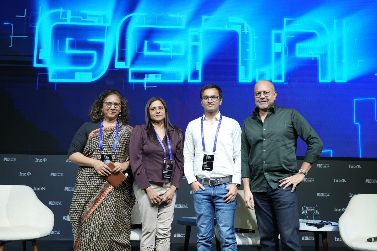 Inc42's tweet photo. Glimpses from Inc42's #GenAISummit2024 - Shaping The Future Of AI In India  📸✨
 
🔸 We got a chance to witness a super insightful panel discussion on "The Blueprint For Responsible AI" with Sanjay Mohan, Group CTO, @makemytrip, Nikhil Gupta, Founder, @LimeChatAI, Kalpana Bansal, Solution Head-Talent & AI, @thedarwinbox. The session was moderated by Jyoti Pawar, General Counsel, @MicrosoftIndia.

 🔸 An enriching panel discussion happened where we talked about "The New Marketing Paradigms In A GenAI World" with Tilakraj Parmar, Cofounder & CEO, @QXLabAI, Ishank Joshi, Cofounder & CEO, Mobavenue Media, Ankit Prasad , Founder & CEO, @Bobble AI, Anshul Khandelwal, Cofounder, CTO & SVP-Product, @invideoOfficial. The session was moderated by @vardhanvaibhav, Cofounder & CEO, Inc42 Media.

🔸  #Inc42GenAISummit also hosted a panel discussion on "Startups + Enterprises: Driving GenAI Adoption" with Shridhar Marri , CEO & Founder, @FlyfishAI, Khadim Batti, Cofounder & CEO, @whatfix, Souvik Sen, Technical Cofounder, Head of Engineering, Ema Unlimited, Ankush Sabharwal, Founder & CEO, @CoRover_App. Roopan Aulakh, MD, @piventures  moderated the panel discussion.

🔸 We had the opportunity to observe an incredibly insightful panel discussion on "First Movers In India’s GenAI Revolution" with Ayush Garg, Cofounder & CTO, @PortkeyAI, Shivam Mangla, Cofounder, @Rephrase_AI, Amarpreet Kalkat, Founder & CEO, @HumanticAI , Alok Goyal, Partner, Stellaris Venture Partners.
The panel discussion was moderated by Arjun Rao, General Partner, @SpecialeInvest.

@utka_rsh @poojasareen90 @pallavkaushish 
#genai #artificialintelligence 

A thread🧵: (1/2)