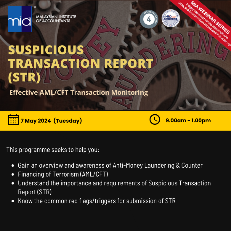Suspicious Transaction Report (STR) - Effective AML/CFT Transaction Monitoring To register >> bit.ly/39AUf5l To download brochure >> bit.ly/3vz29vr