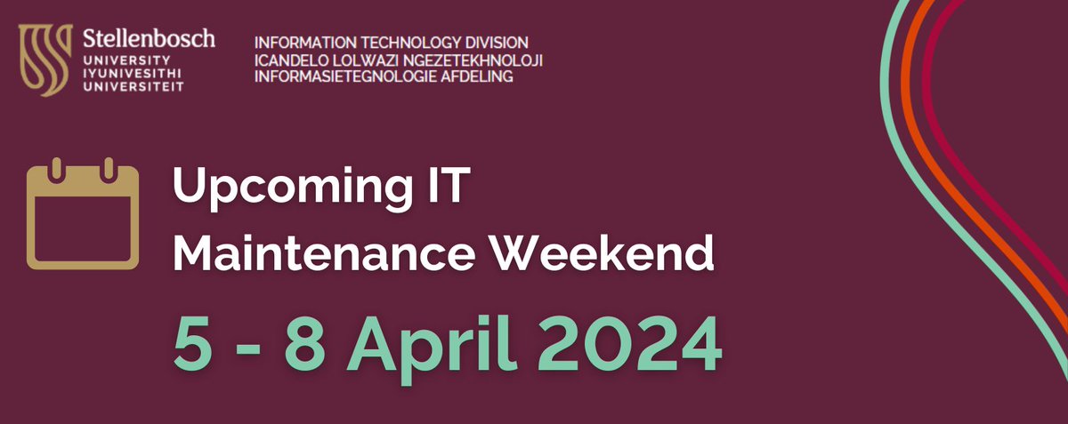 ITStellenUni's tweet image. 📢Attention Colleagues &amp;amp; Students
IT's quarterly maintenance is scheduled from Fri, 5 April at 17:00 to Mon, 8 April at 07:00. Some IT services may become unavailable. For enquiries, log a request on the ICT Partner Portal: bit.ly/ICTportal
#ITMaintenance @StellenboschUni