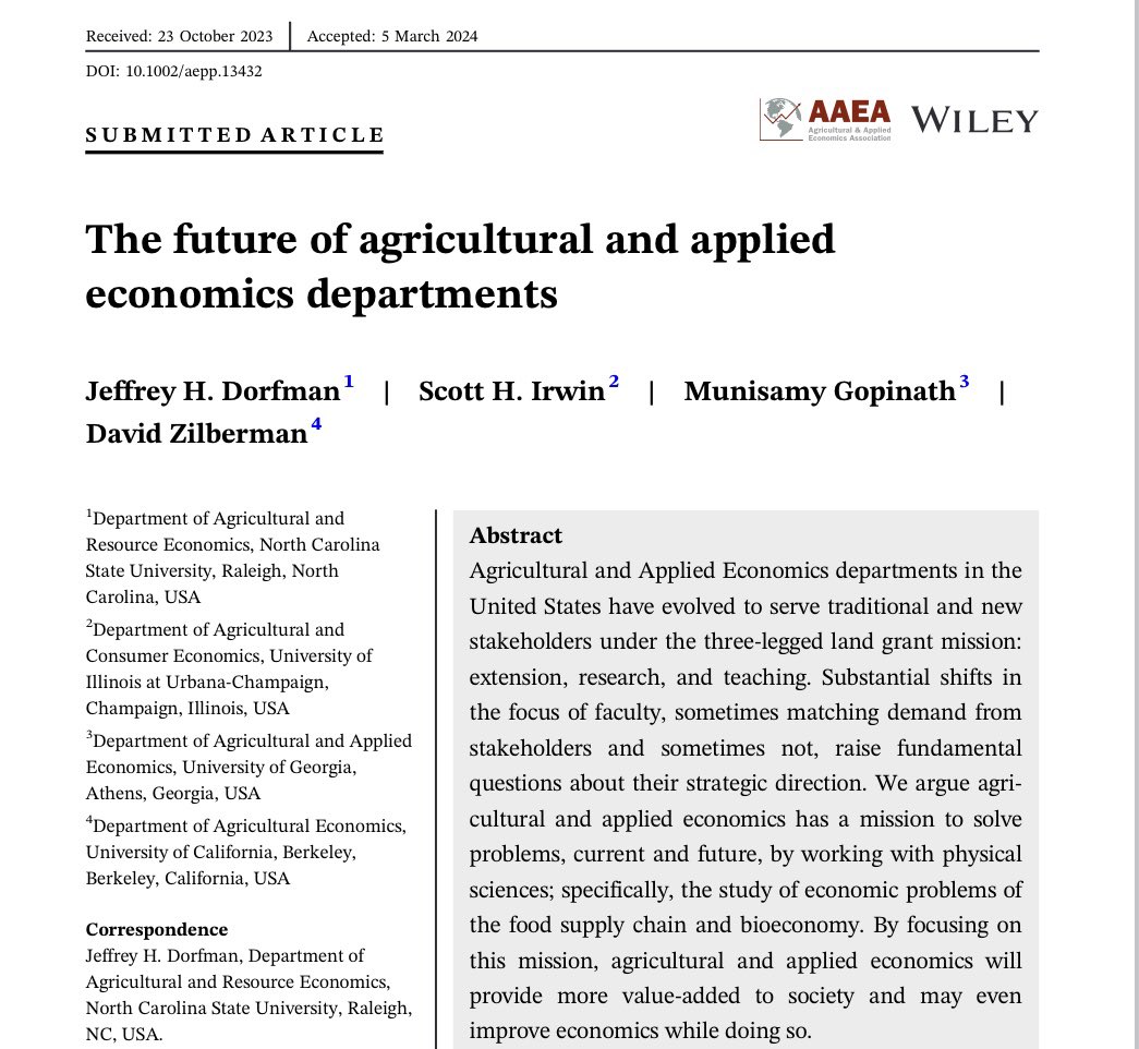 „We believe agricultural and applied economics has a mission somewhat different from economics: we emphasize solving problems, which is future-oriented, and working with other disciplines.“ 🙏 @AEPP_AAEA onlinelibrary.wiley.com/doi/full/10.10…