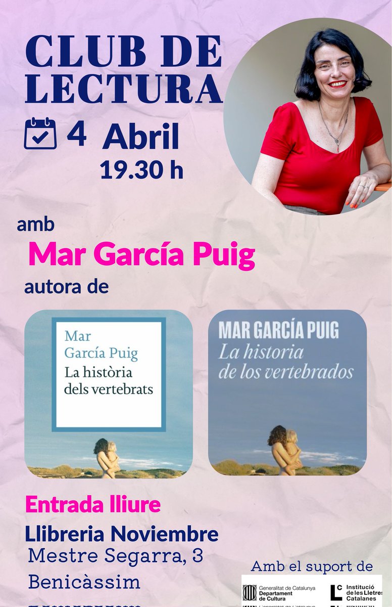 Veniu avui, coneixerem i parlarem amb l'autora de "La història dels vertebrats"📚 Mar Garcia Puig.
Ser dona, mare i diagnosticada d'una malaltia mental. Un llibre que trenca prejudicis.👏👏🎈
19.30 h  Llibreria Noviembre Benicàssim

Amb el suport de <a href="/lletres/">Lletres catalanes</a> i <a href="/cultura_cat/">Cultura</a>