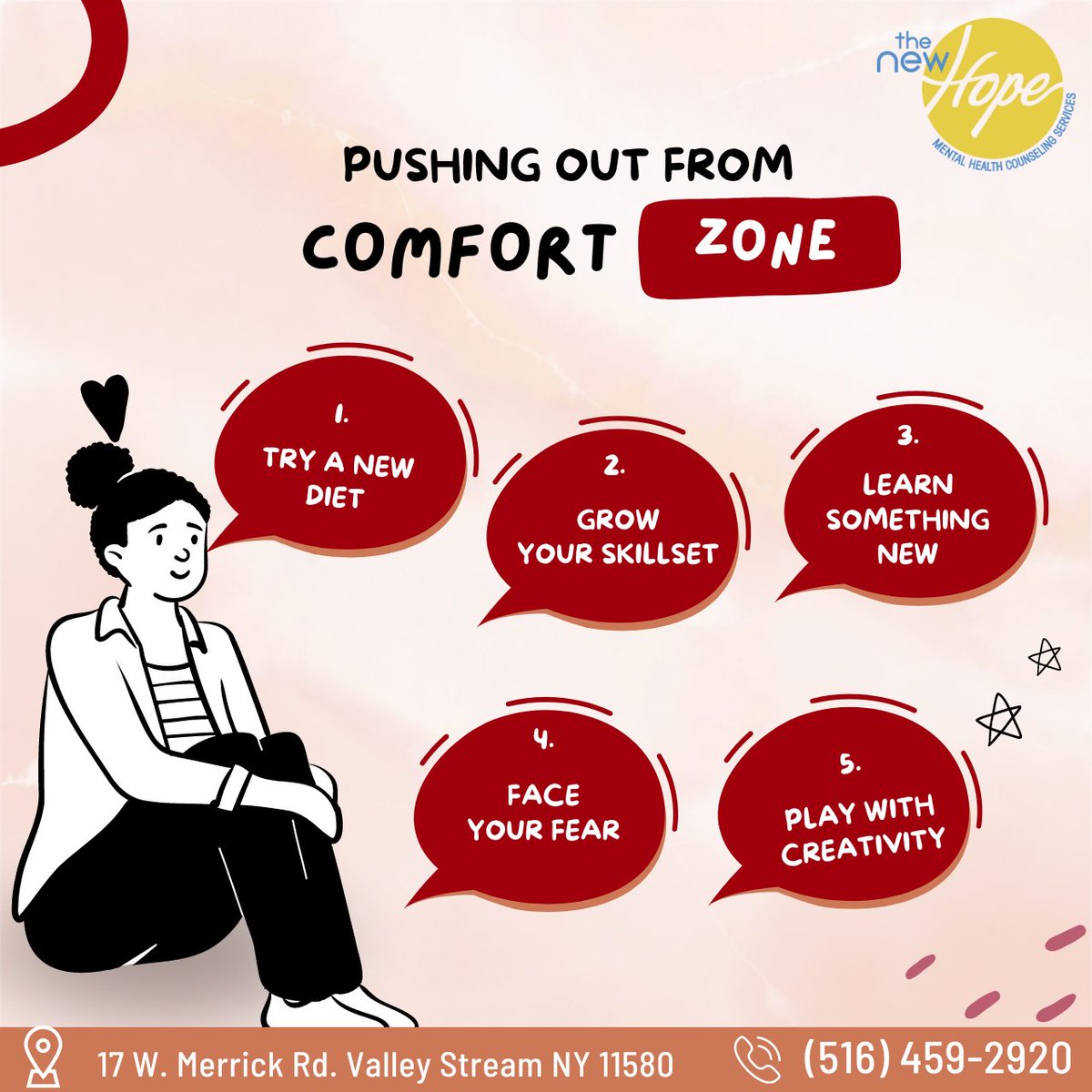 Step out of your comfort zone and unlock endless possibilities

#lowselfworth #insecurities #multiculturalcounseling #mentalmealthtips #mentalhealth #mentalhealthservices #mentalhealthhelp #Thenewhopemhcs  #mentalhealthcounseling #mentalhealththerapist #mentalhealthcounselor