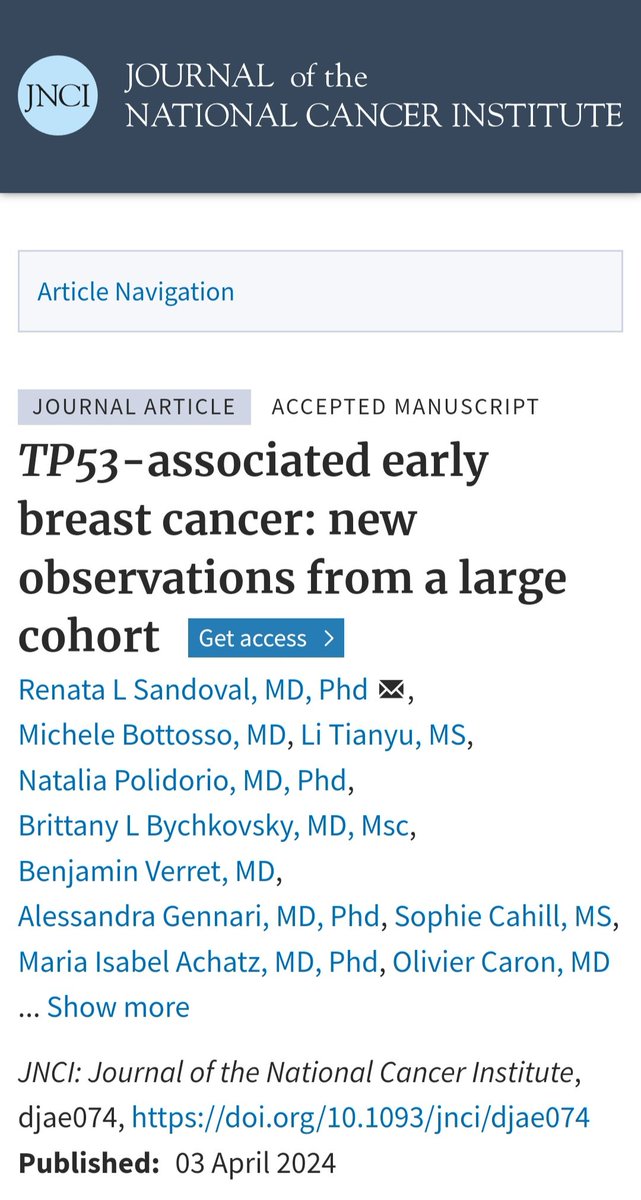 TP53-associated early breast cancer

227 pts, mFU: 70 mo

mAge➡️37
HR+/HER2-➡️40.9%
HR+/HER2+➡️34.4%

5y RFS (HR+/HER2)➡️61.1%!!
5y radiation-induced sarcoma➡️4.8%‼️

Quite an informative analysis. Congrats to all the researchers

@OncoAlert @JNCI_Now
academic.oup.com/jnci/article-a…
