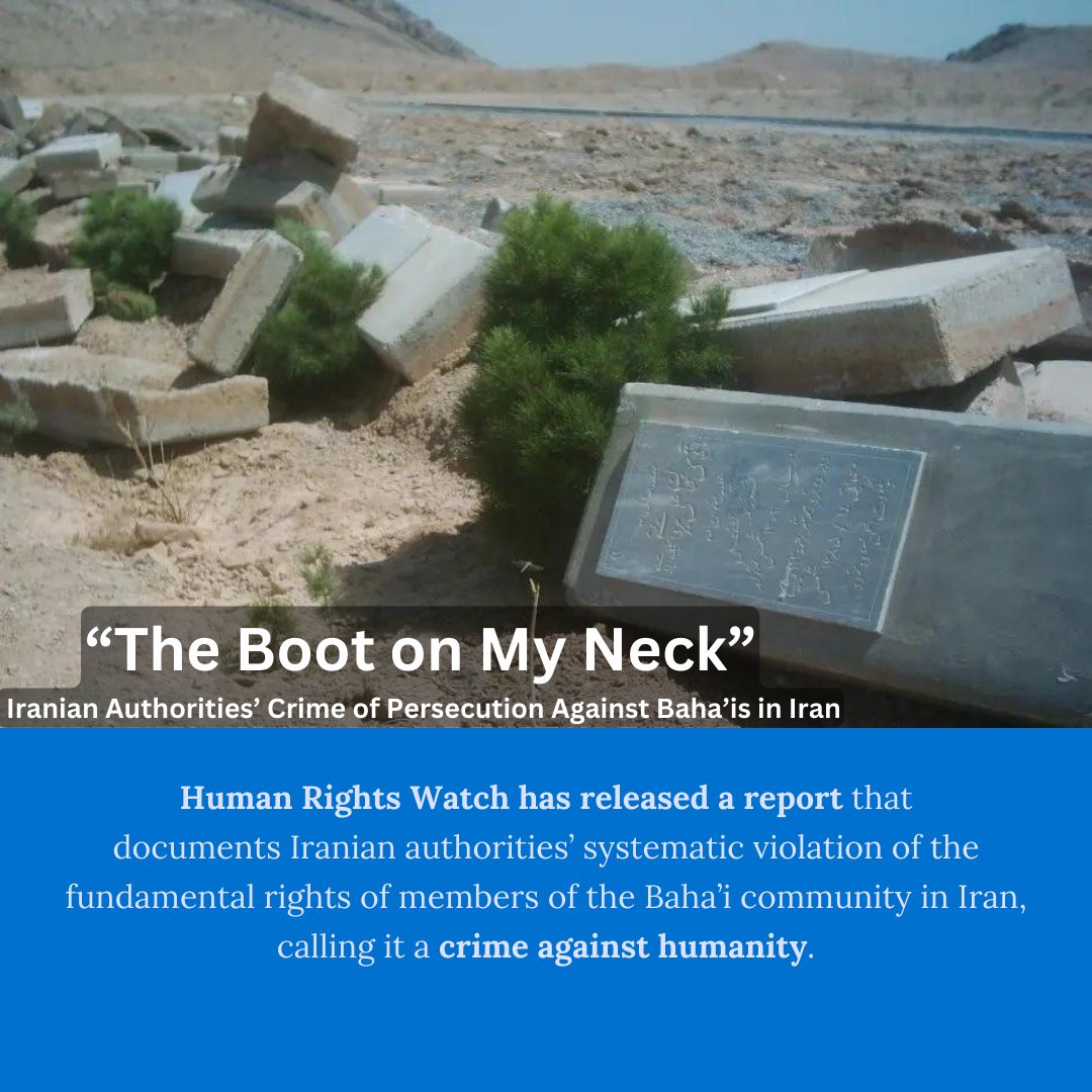 austbahai's tweet photo. @hrw released a report on Iranian govt's systematic violation of the rights of #BahaisInIran, calling it--for the first time--a #CrimeAgainstHumanity. 

Read the report: https://t.co/9HQCWYYCDh

#Bahai #Iran #TheBootOnMyNeck #HRWReport #CrimeOfPersecution https://t.co/RD64GVYuKJ
