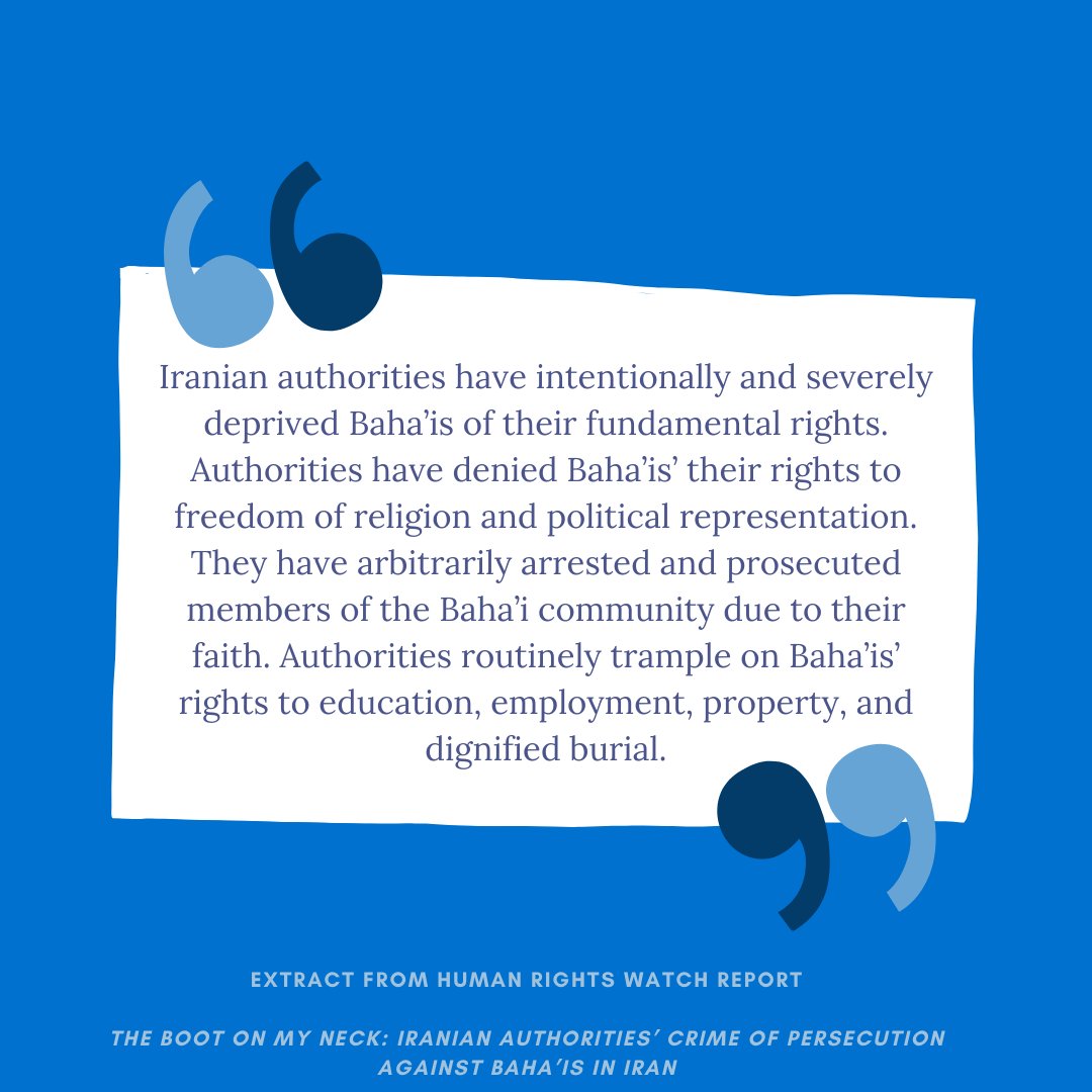 austbahai's tweet photo. @hrw released a report on Iranian govt's systematic violation of the rights of #BahaisInIran, calling it--for the first time--a #CrimeAgainstHumanity. 

Read the report: https://t.co/9HQCWYYCDh

#Bahai #Iran #TheBootOnMyNeck #HRWReport #CrimeOfPersecution https://t.co/RD64GVYuKJ