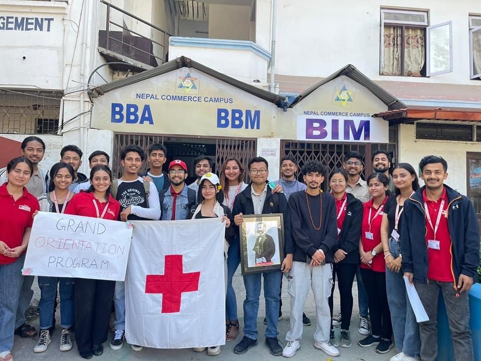 A group of Youth Volunteers from Nepal Commerce Campus after an orientation session to newly recruited Youth Red Cross Members.