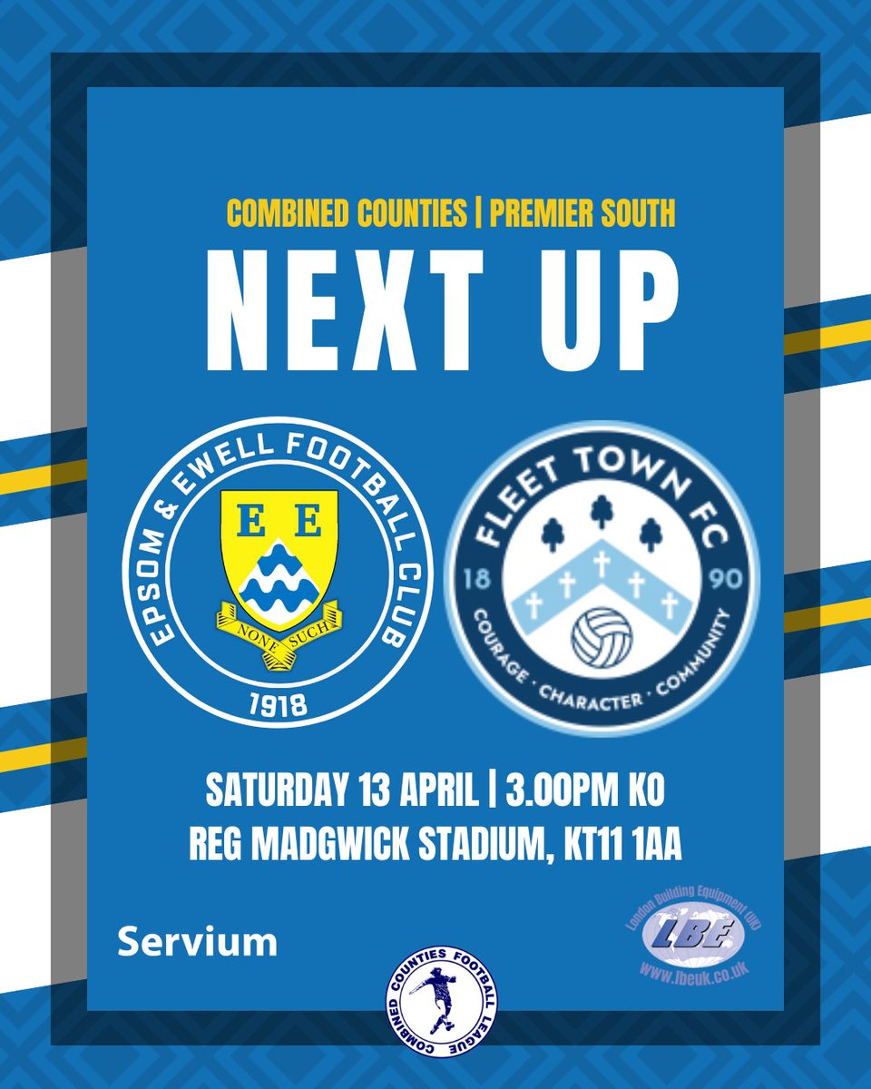 Upcoming Match Alert! Join us as we take on @FCFleetTown 
 
🏆 Combined Counties | Premier South
 🗓️ Saturday, April 13th 
⏱️ Kick-off at 3pm
 🏟️ The Reg Madgwick Stadium 
📍KT11 1AA
️ 🅿️ Limited, Overflow parking at Hollyhedge P&D opp the driveway

#WeAreEpsom #Salts #CCL #3G