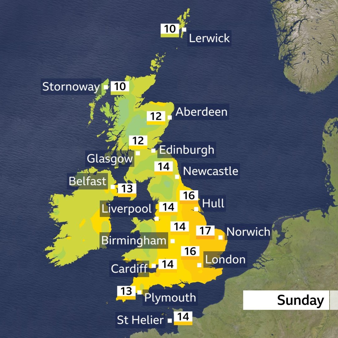 Sunday remains windy with scattered blustery showers (some heavy and thundery). Rain at times in NW Scotland. Although temperatures won't be as high as on Saturday, it will still be mild for the time of year @BBCBreakfast