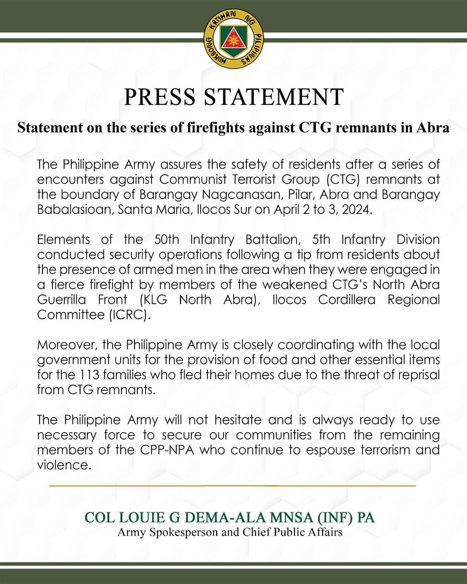 The Philippine Army's press statement on the series of encounters against Communist Terrorist Group (CTG) remnants in Abra #MatatagNaHukbongKatihan #StrongerArmyStrongerCountry #ServingthePeopleSecuringtheLand #PhilippineArmy