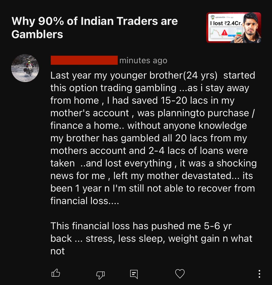Grim situation. After working on this video, I am confident that most of us have one family member or friend throwing away their money doing option trading. Stats don't lie. 90% of option traders lose money. This is just one of many such comments. Many people in the comments…